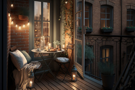 cozy balcony with table and candle for a romantic night in the city, created with generative aiの素材
