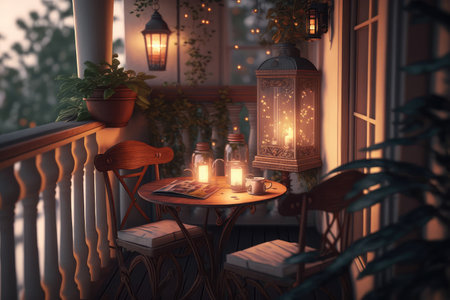 cozy balcony with table, chairs, and lanterns for a romantic night, created with generative aiの素材
