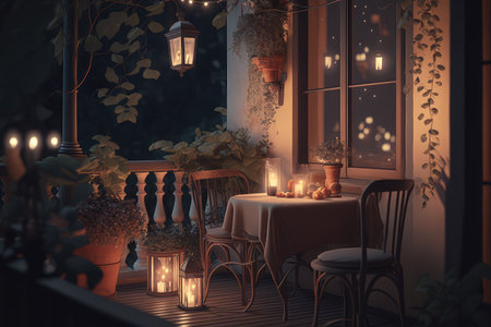 cozy balcony with table, chairs, and lanterns for a romantic night, created with generative aiの素材
