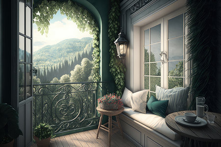 cozy balcony with view over green and lush landscape, created with generative aiの素材