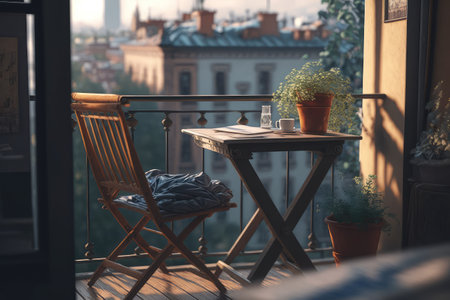 close-up of cozy balcony with chair and table, full view of the bustling city visible in the background, created with generative aiの素材