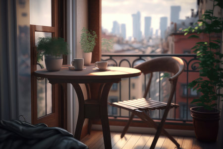 close-up of cozy balcony with chair and table, full view of the bustling city visible in the background, created with generative aiの素材