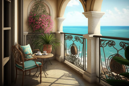 serene balcony with view of the ocean, surrounded by tranquil sounds and warm breezes, created with generative aiの素材