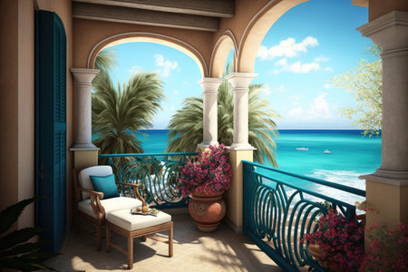 serene balcony with view of the ocean, surrounded by tranquil sounds and warm breezes, created with generative aiの素材