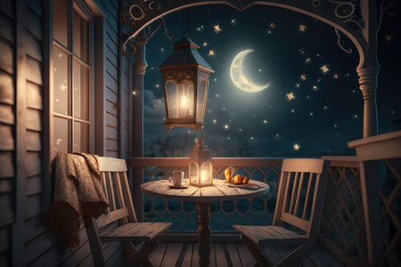 a cozy balcony with a chair, table and lantern for starry night, created with generative aiの素材