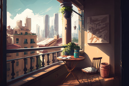 cityscape view from cozy balcony with chair and table, created with generative aiの素材