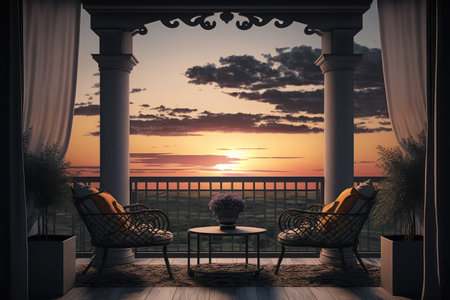 cozy balcony with view of the sunset, silhouetting clouds against the sky, created with generative aiの素材