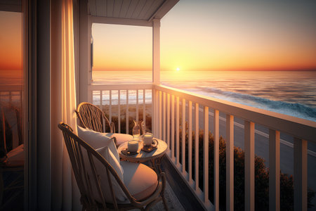 cozy balcony with view of the sun setting over the ocean, created with generative aiの素材