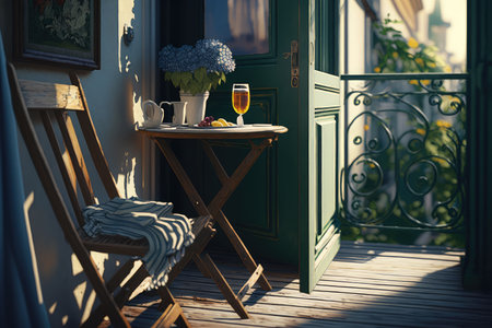 french balcony with bistro chair, side table, and glass of wine, created with generative aiの素材