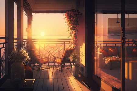 a serene balcony with a view of the sunset, featuring warm colors and illuminating rays, created with generative aiの素材