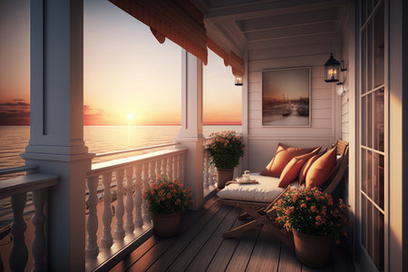 a cozy balcony with a view of the sun setting over the ocean, created with generative aiの素材