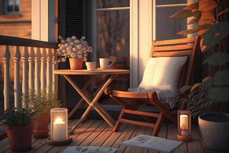 cozy balcony with comfortable chair, table and candle for evening or morning tea, created with generative aiの素材