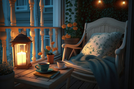 cozy balcony with comfortable chair, table and candle for evening or morning tea, created with generative aiの素材