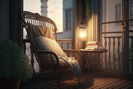 balcony with cozy armchair and lamp, enjoying the evening in the company of good book, created with generative aiの素材