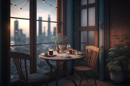 a cozy balcony with a view of the city skyline and a table for two, created with generative aiの素材