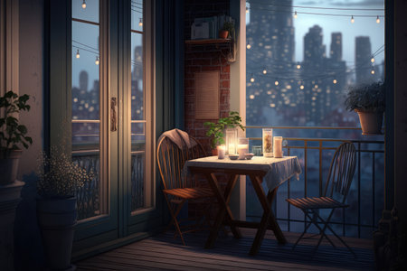 a cozy balcony with a view of the city skyline and a table for two, created with generative aiの素材