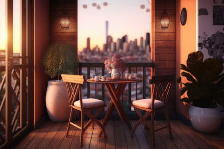 a cozy balcony with a view of the city skyline and a table for two, created with generative aiの素材