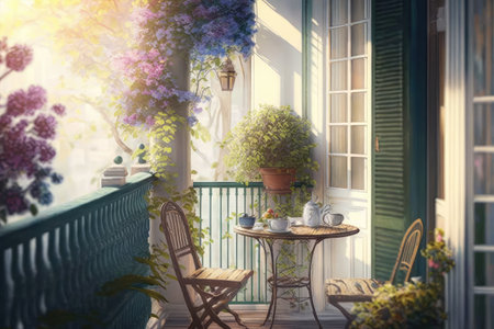 cozy balcony with view of sunny garden, perfect place for morning coffee or evening cocktail, created with generative aiの素材