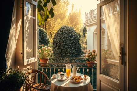 cozy balcony with view of sunny garden, perfect place for morning coffee or evening cocktail, created with generative aiの素材