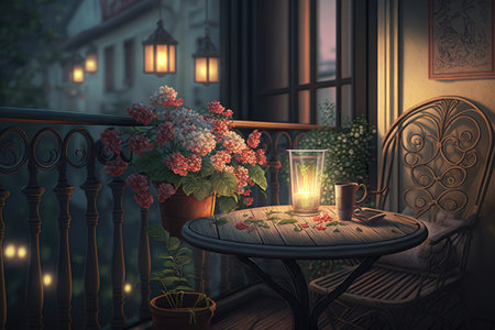 cozy balcony with table and chairs, candles, and vase of flowers, created with generative aiの素材