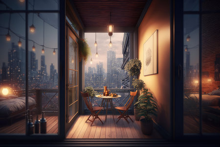 cozy balcony with a view of the city skyline and bustling streets below, created with generative aiの素材