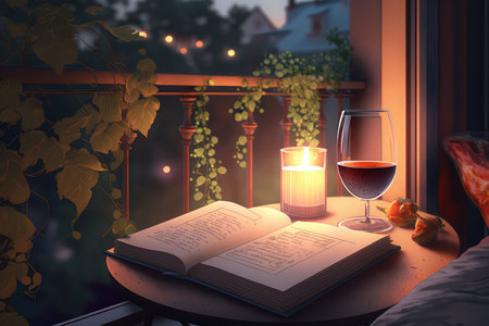 relaxing evening with a glass of wine and book on cozy balcony, created with generative aiの素材