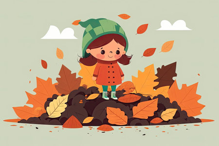 cute cartoon character with leaf pile in the park, created with generative aiの素材