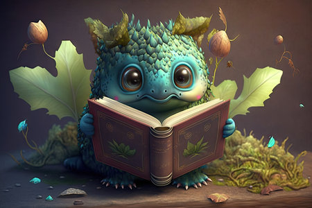 cute cartoon character leafing through book of unusual and mystical creatures, created with generative aiの素材