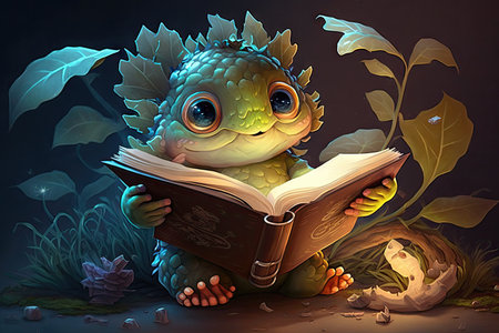 cute cartoon character leafing through book of unusual and mystical creatures, created with generative aiの素材