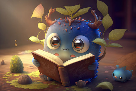 cute cartoon character leafing through book of unusual and mystical creatures, created with generative aiの素材