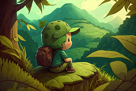 cute cartoon character sitting on leaf and looking at the view of the forest, created with generative aiの素材