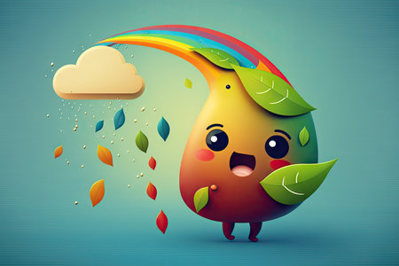 cute cartoon character leaf falling from the sky, with rainbow background, created with generative aiの素材