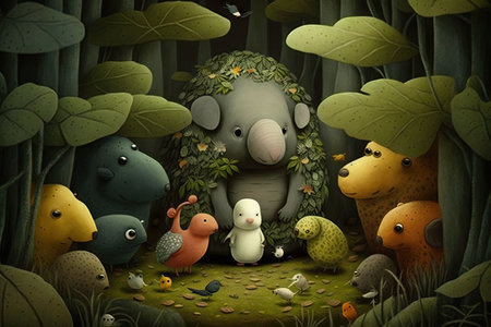 cute cartoon character in leafy forest, surrounded by other animals, created with generative aiの素材