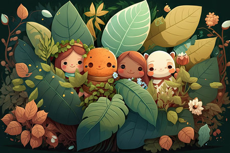 group of cute characters surrounded by leaves and flowers, enjoying the beauty of nature, created with generative aiの素材