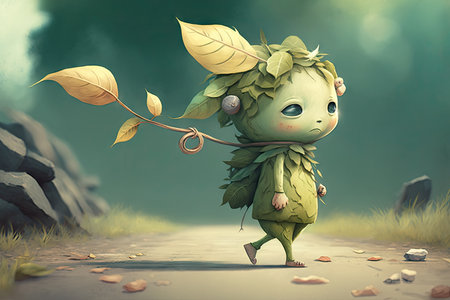 cute cartoon character, with leaf on its head and twig in hand, enjoying peaceful walk, created with generative aiの素材