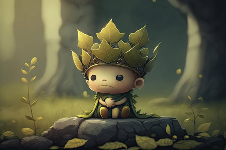 cute cartoon character, with leafy crown on head, sitting in peaceful garden, created with generative aiの素材