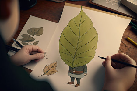 person, drawing cute cartoon character with leaf as the inspiration, created with generative aiの素材
