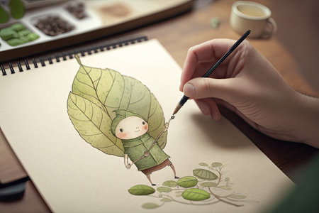person, drawing cute cartoon character with leaf as the inspiration, created with generative aiの素材