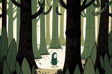 person, walking through forest of tall trees and green leaves, with cute cartoon character peeking out from behind, created with generative aiの素材