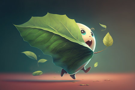 cute cartoon character jumping from leaf to leaf in the wind, created with generative aiの素材