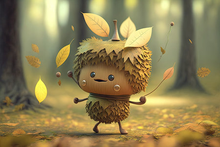 cute cartoon character with leaf on head, dancing in the forest, created with generative aiの素材