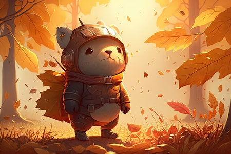 cute cartoon character surrounded by autumn leaves, with warm sun shining down, created with generative aiの素材
