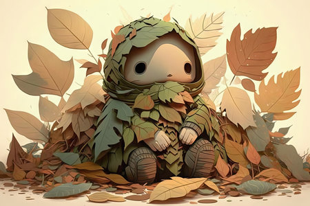 cute cartoon character, surrounded by pile of leaves, looking peaceful and serene, created with generative aiの素材