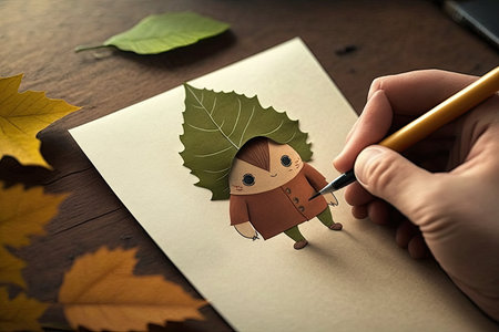 person, writing letter and using cute cartoon character leaf as stationery, created with generative aiの素材