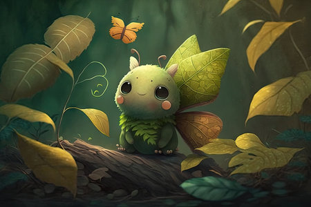 cute cartoon character, with leaf and butterfly, in magical forest, created with generative aiの素材