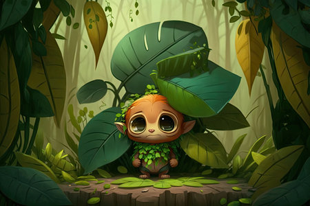 cute cartoon character sitting on leaf, surrounded by lush greenery, created with generative aiの素材
