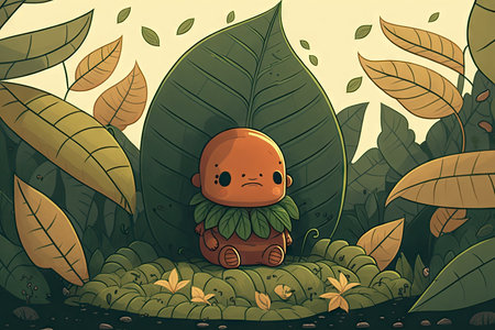cute cartoon character sitting on leaf, surrounded by lush greenery, created with generative aiの素材