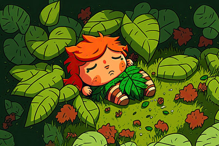 cute cartoon character, lying on patch of green leaves and dozing off, created with generative aiの素材