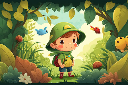 cute cartoon character in nature scene, surrounded by greenery and wildlife, created with generative aiの素材