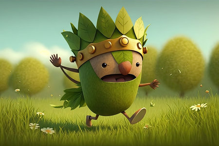 cute cartoon character with leaf crown, running through meadow, created with generative aiの素材